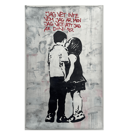 Jag vet inte vem jag är, Blandteknik på duk av Hellstrom Street Art, 87x140 cm