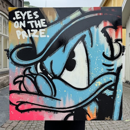 "Eyes on the Prize" av Mike Blomqvist, blandteknik med sprayfärg och akryl på duk, 80x80 cm.