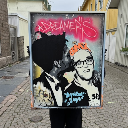 "Dreamers" av Mike Blomqvist, blandteknik med sprayfärg och akryl på duk med målad träram, 64x84 cm.
