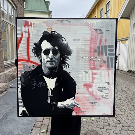 "Time You Enjoy Wasting Is Not Time Wasted" av Mike Blomqvist, blandteknik med sprayfärg och akryl på duk, 104x104 cm.