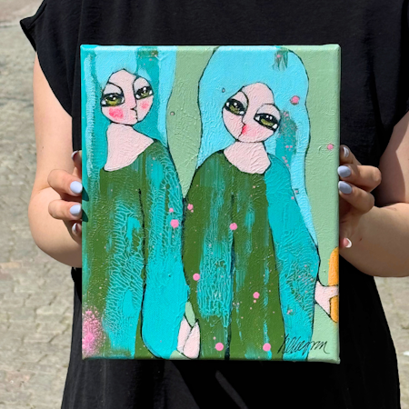 "Hålla handen", Akryl på duk av Hanna Ekegren, 22x27 cm
