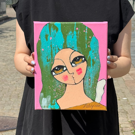 "Kind mot kind", Akryl på duk av Hanna Ekegren, 22x27 cm