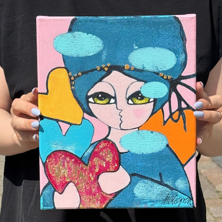 "Lyckohjärtan", Akryl på duk av Hanna Ekegren, 22x27 cm