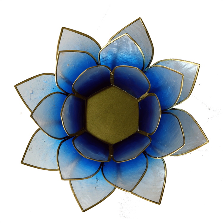 Lotusblomma ljusblå/vit med guldkant, Ljushållare
