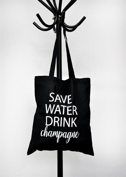 Tygkasse Save water drink champagne Svart