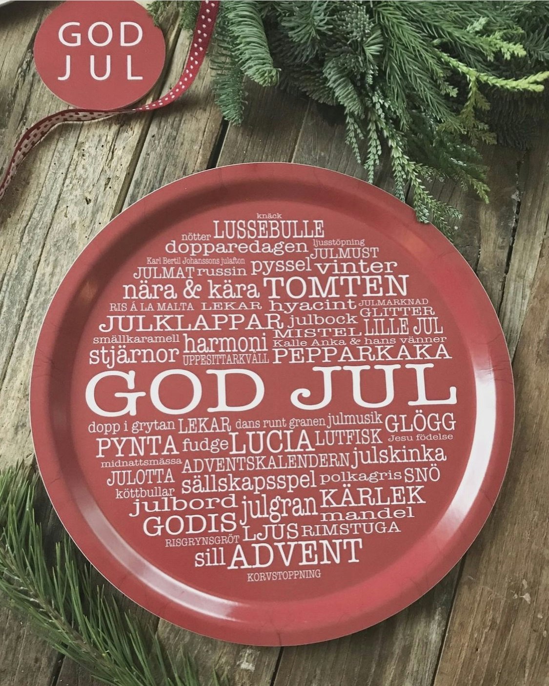 Bricka rund God Jul Röd/vit text