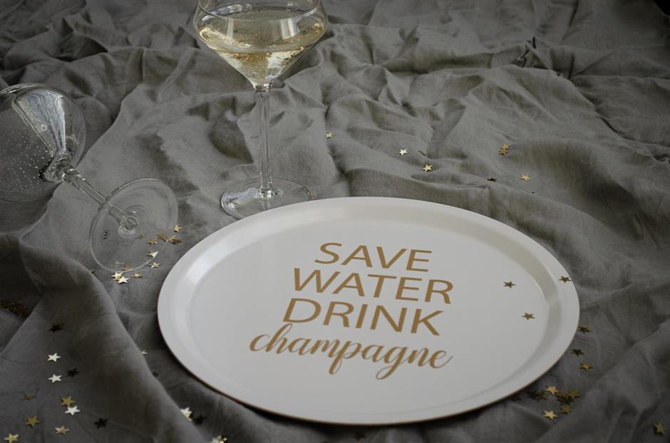 Bricka Rund Save Water Drink Champagne Vit/Guld