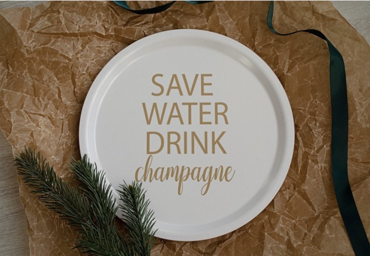 Bricka Rund Save Water Drink Champagne Vit/Guld