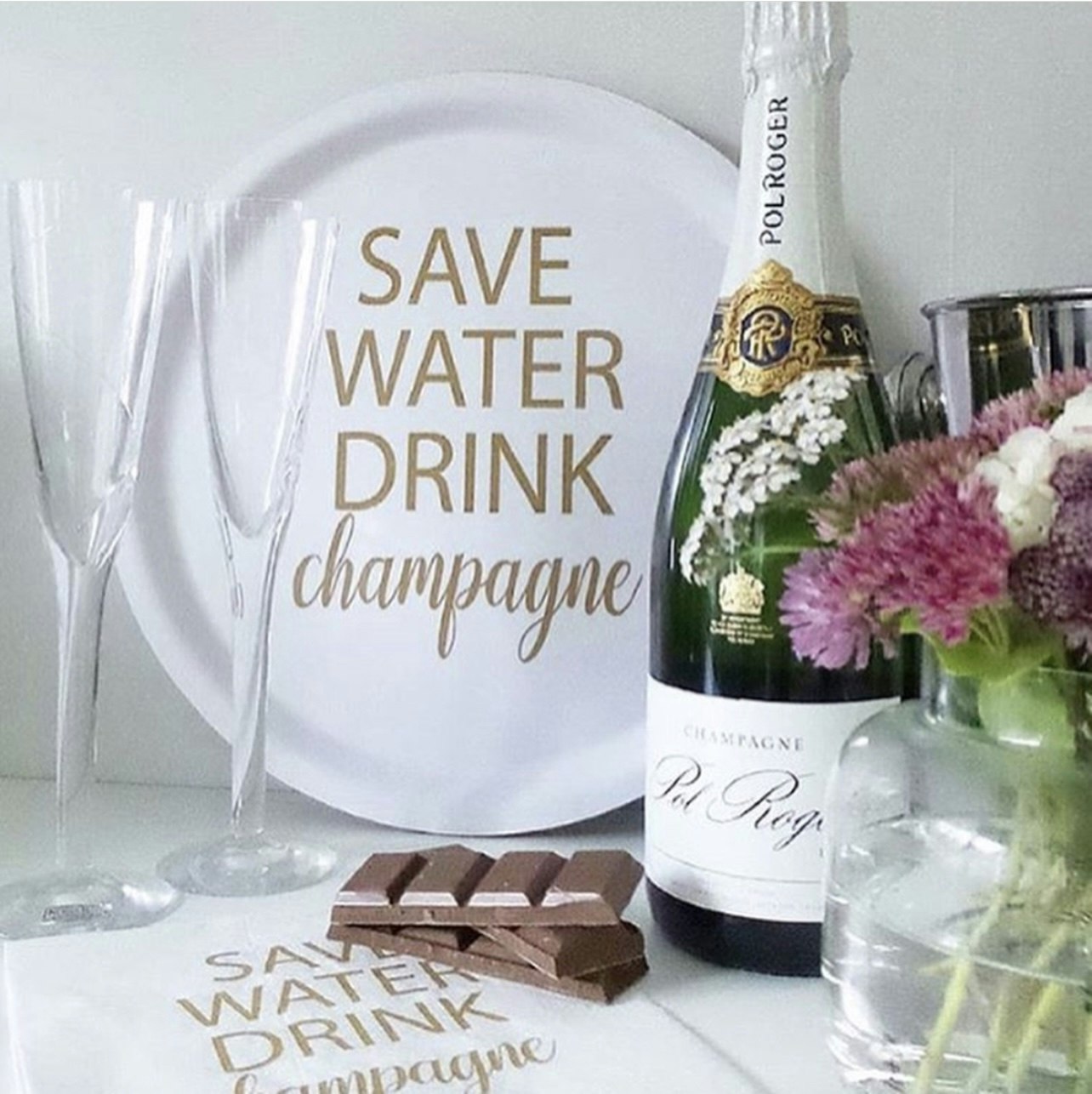 Bricka Rund Save Water Drink Champagne Vit/Guld