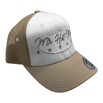 YP6606 Classic Trucker Khaki/White/Khaki Mesh with white oval and silver text