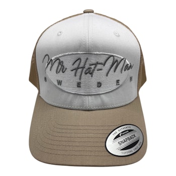 YP6606 Classic Trucker Khaki/White/Khaki Mesh with white oval and silver text