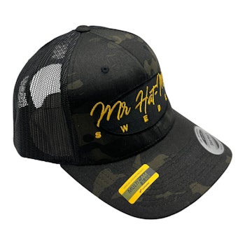 YP6511MC Multicam Trucker Mesh Black with black oval and yellow text