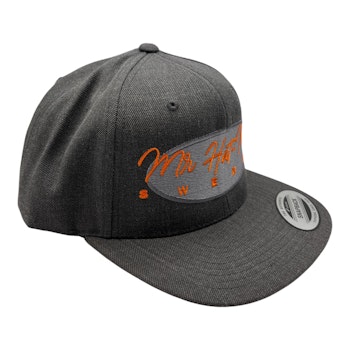 YP6089M SnapBack Dark Grey with a silver front oval and orange text