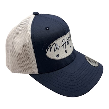 YP6606 Classic Trucker Mesh Navy/White with white oval and blue text