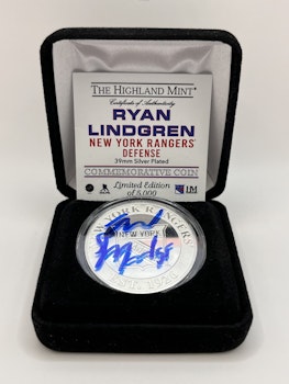 Signerat silver pläterat mynt av Ryan Lindgren New York Rangers