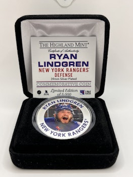 Signerat silver pläterat mynt av Ryan Lindgren New York Rangers