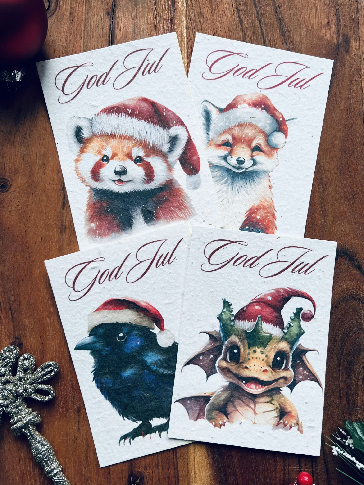 Planterbart frökort - Julkort; God Jul, olika djur