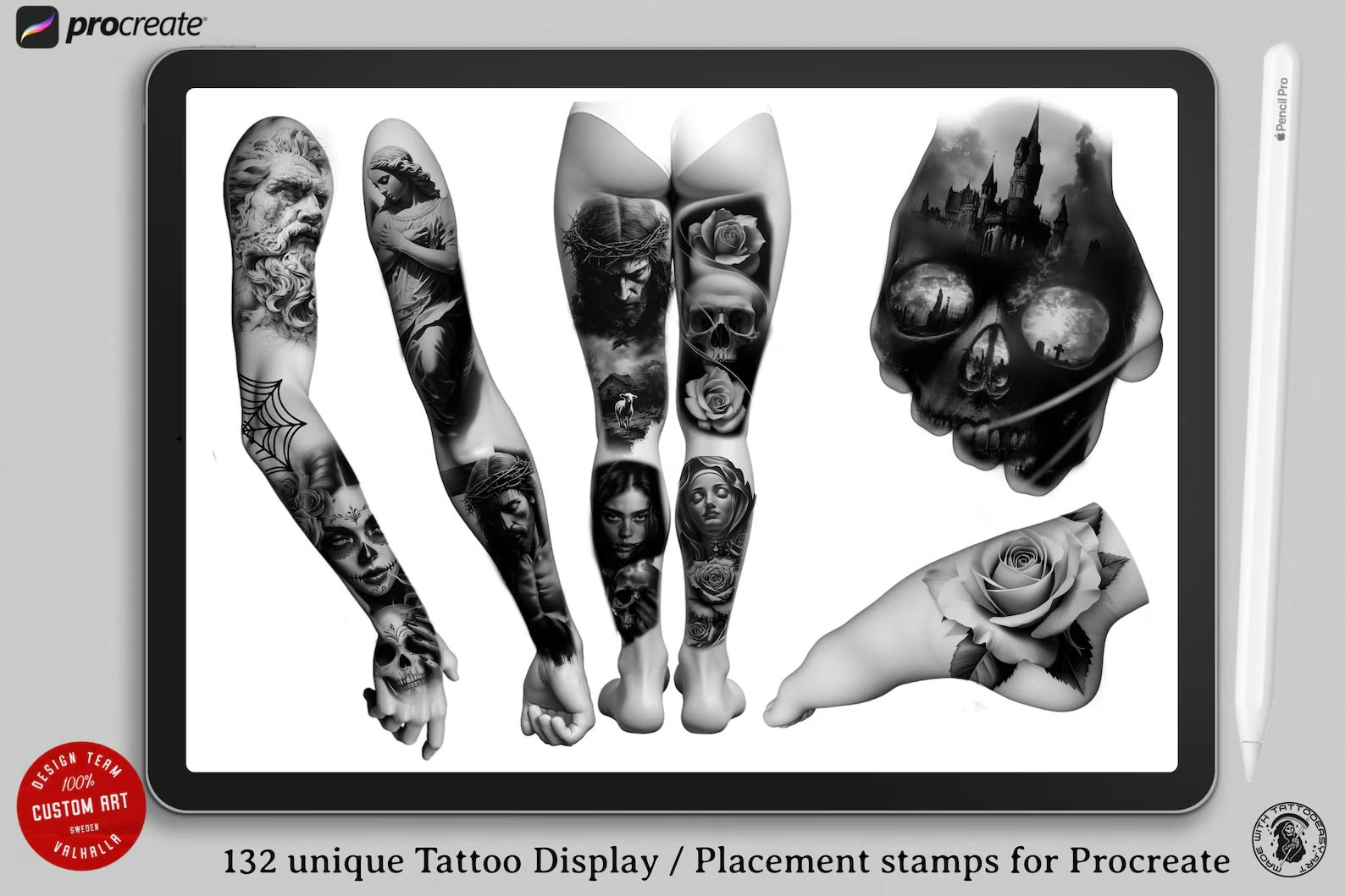 Procreate, Tattoo Display / Placement, 145 ready made body parts, tattoo stamps, tattoo designer, tattoo artist