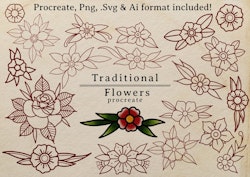 100 tattoo inspired Traditional flowers drawn by hand - .svg .png .ai & Procreate files included