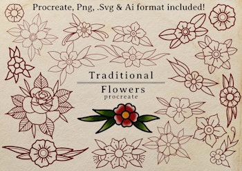 100 tattoo inspired Traditional flowers drawn by hand - .svg .png .ai & Procreate files included
