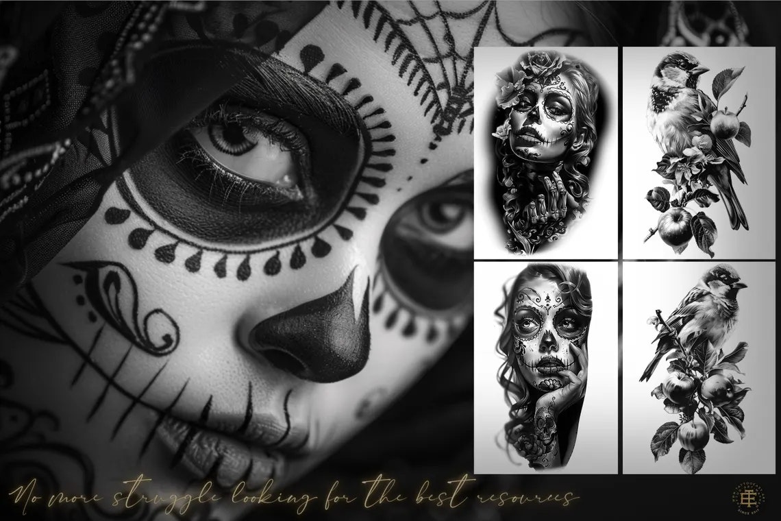 Black & Grey - XXL, Procreate stamps, Svg files, Png files, 3000+ elements, Tattoo flash art, Tattoo design collection, reference collection