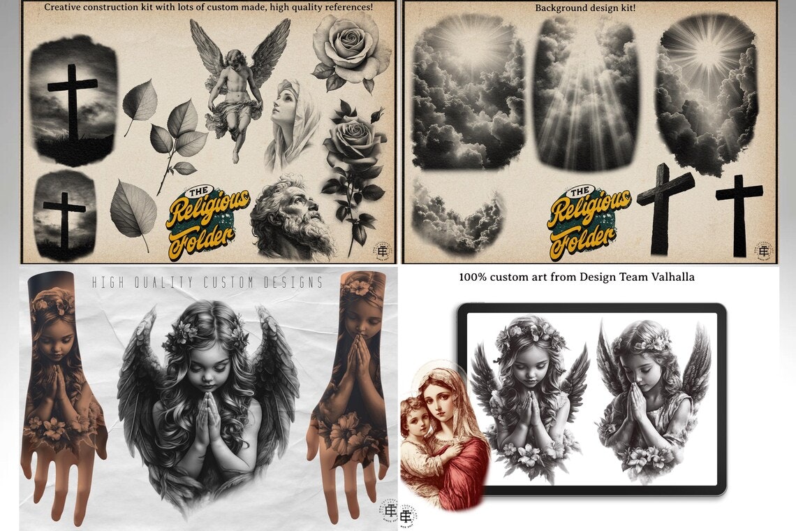 The Religious Folder - XL, Procreate stamps, Svg files, Png files, 2700+ elements, Tattoo flash, Tattoo ideas, Religious designs
