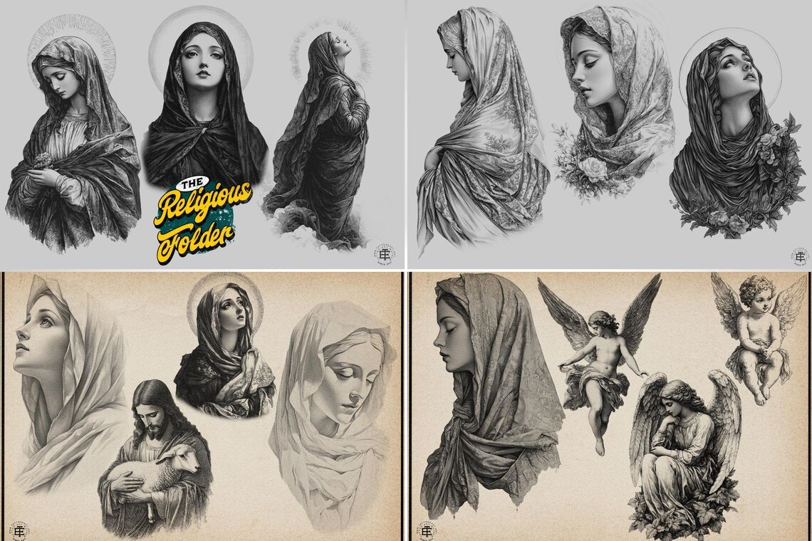 The Religious Folder - XL, Procreate stamps, Svg files, Png files, 2700+ elements, Tattoo flash, Tattoo ideas, Religious designs
