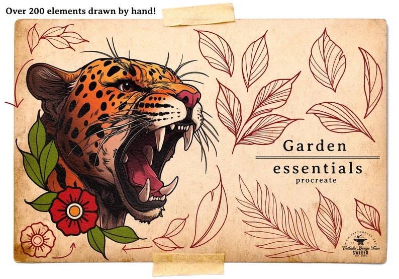 Procreate - Garden Essentials, Tattoo Leaves & Flowers, Fineline, hand drawn