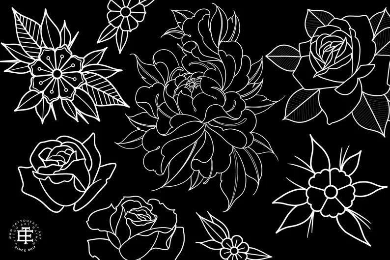 Procreate - Garden Essentials, Tattoo Leaves & Flowers, Fineline, hand drawn