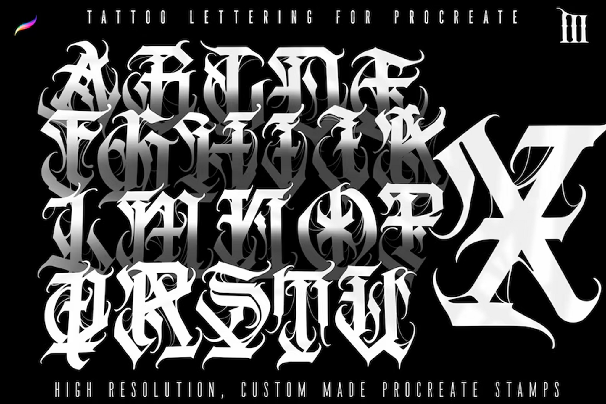 Procreate, Tattoo lettering vol.3 1000 stamps & brushes, mega bundle, creative lettering toolbox