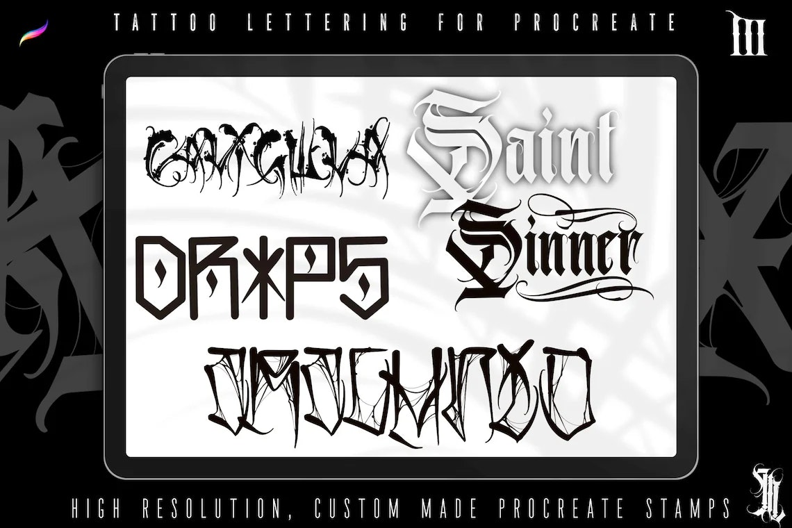 Procreate, Tattoo lettering vol.3 1000 stamps & brushes, mega bundle, creative lettering toolbox