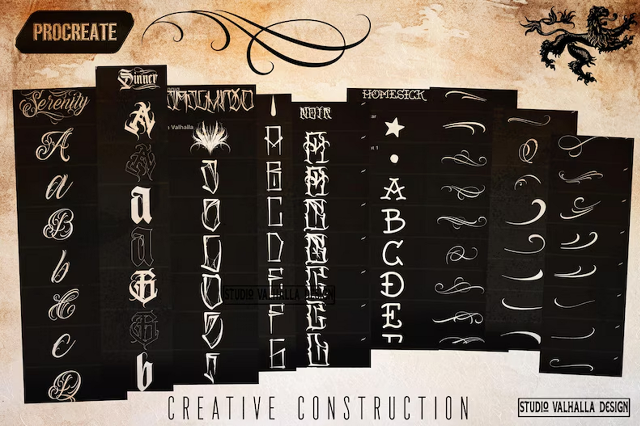 Procreate, Tattoo lettering vol.3 1000 stamps & brushes, mega bundle, creative lettering toolbox