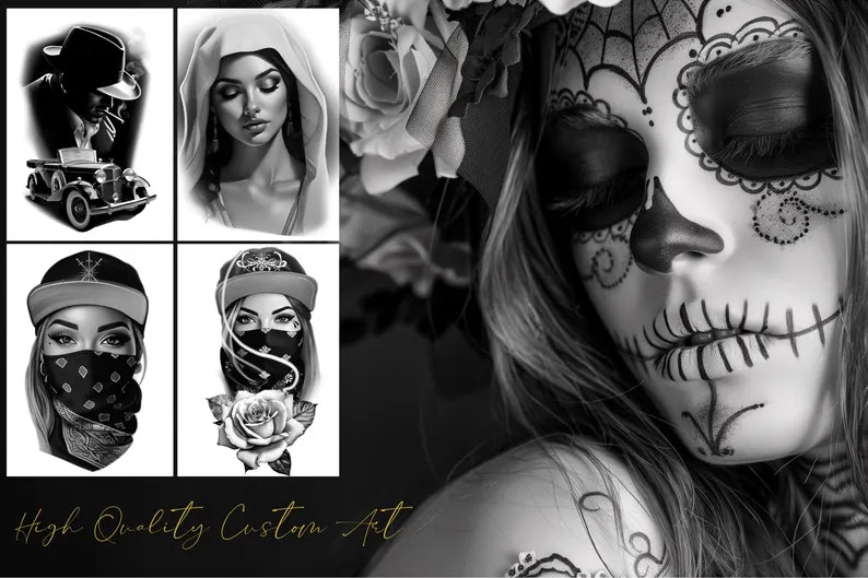Chicano References - XXL, Procreate stamps, Svg files, Png files, 2700+ elements, Tattoo flash art, Tattoo design collection, Chicano design