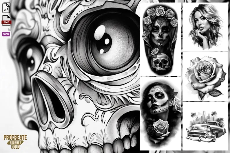 Chicano References - XXL, Procreate stamps, Svg files, Png files, 2700+ elements, Tattoo flash art, Tattoo design collection, Chicano design