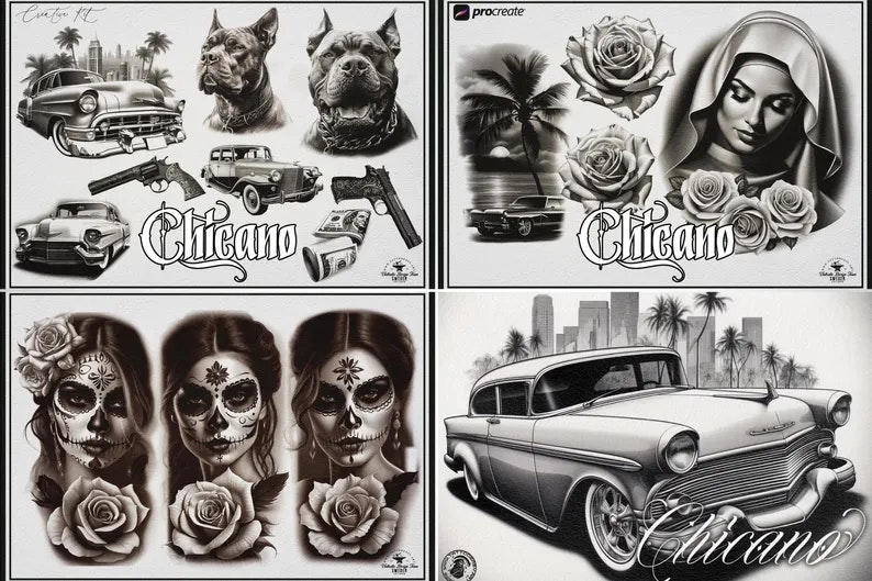 Chicano References - XXL, Procreate stamps, Svg files, Png files, 2700+ elements, Tattoo flash art, Tattoo design collection, Chicano design