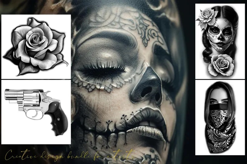 Chicano References - XXL, Procreate stamps, Svg files, Png files, 2700+ elements, Tattoo flash art, Tattoo design collection, Chicano design