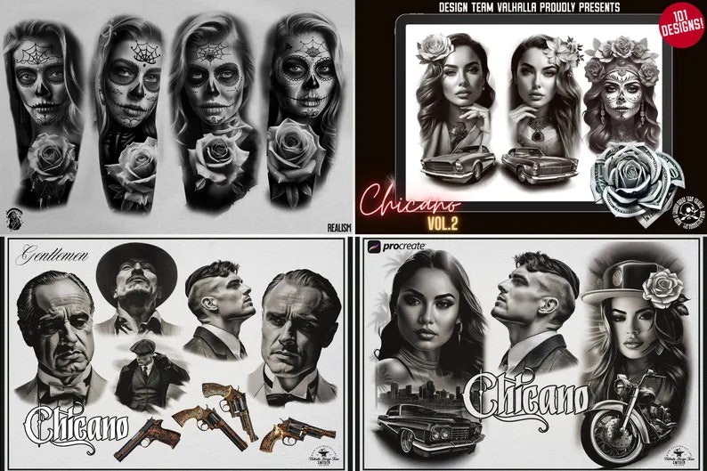 Chicano References - XXL, Procreate stamps, Svg files, Png files, 2700+ elements, Tattoo flash art, Tattoo design collection, Chicano design
