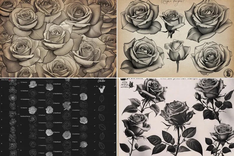 The Rose Reference Library, Procreate stamps, Svg files, Png files, 2000+ elements, Tattoo flash, Tattoo references, studio quality