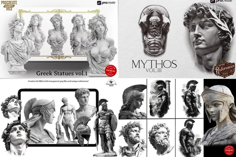 Greek Mythology References, Procreate stamps, Svg files, Png files, 2500+ elements, Tattoo flash art, Tattoo references, Statues, busts
