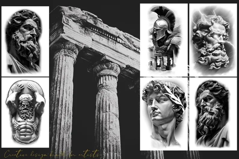 Greek Mythology References, Procreate stamps, Svg files, Png files, 2500+ elements, Tattoo flash art, Tattoo references, Statues, busts