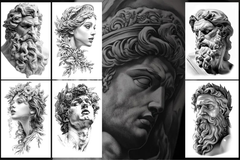 Greek Mythology References, Procreate stamps, Svg files, Png files, 2500+ elements, Tattoo flash art, Tattoo references, Statues, busts
