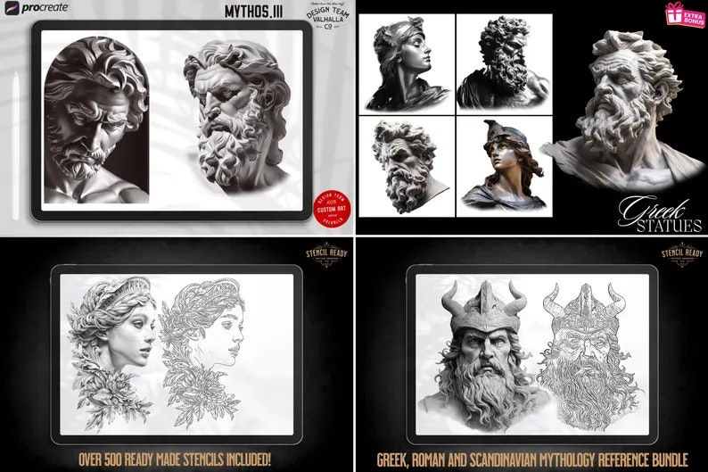Greek Mythology References, Procreate stamps, Svg files, Png files, 2500+ elements, Tattoo flash art, Tattoo references, Statues, busts