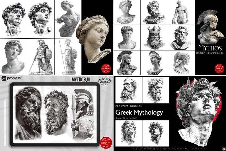 Greek Mythology References, Procreate stamps, Svg files, Png files, 2500+ elements, Tattoo flash art, Tattoo references, Statues, busts