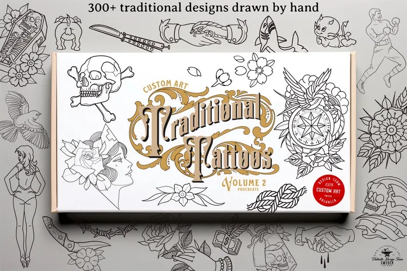 Procreate, 300+ traditional tattoos vol.4,5 & 6, tattoo flash, outlined tattoo ideas, hand drawn art