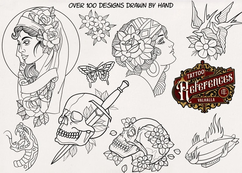Procreate, 300+ traditional tattoos vol.4,5 & 6, tattoo flash, outlined tattoo ideas, hand drawn art