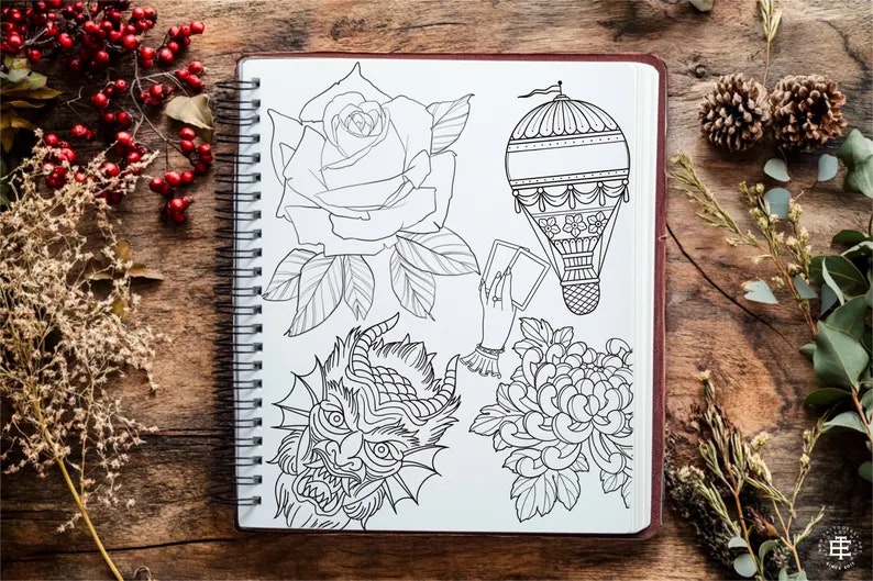 Procreate, 300+ traditional tattoos vol.4,5 & 6, tattoo flash, outlined tattoo ideas, hand drawn art