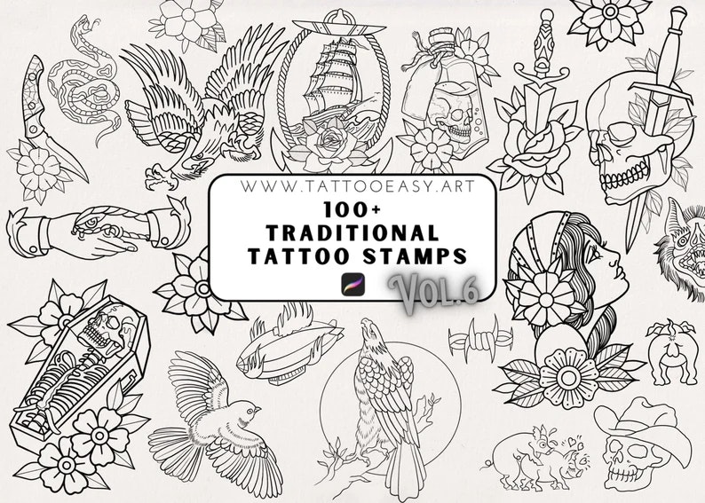 Procreate, 300+ traditional tattoos vol.4,5 & 6, tattoo flash, outlined tattoo ideas, hand drawn art