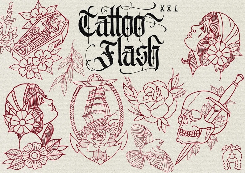 Procreate, 300+ traditional tattoos vol.4,5 & 6, tattoo flash, outlined tattoo ideas, hand drawn art