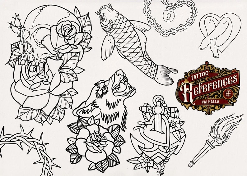 Procreate - Traditional vol.1,2 & 3, 300+ designs drawn by hand, tattoo flash art, tattoo reference bundle, outlined tattoo designs!