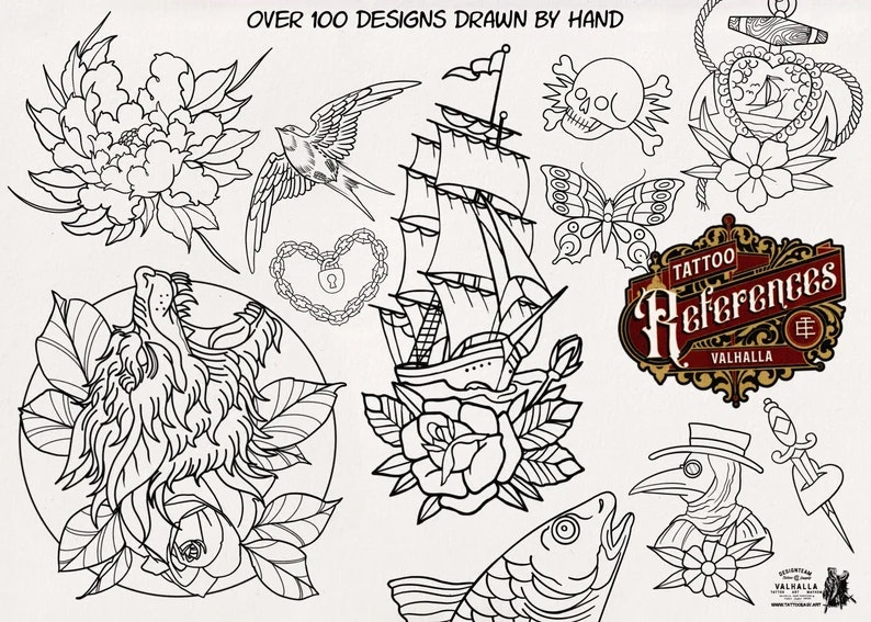Procreate - Traditional vol.1,2 & 3, 300+ designs drawn by hand, tattoo flash art, tattoo reference bundle, outlined tattoo designs!